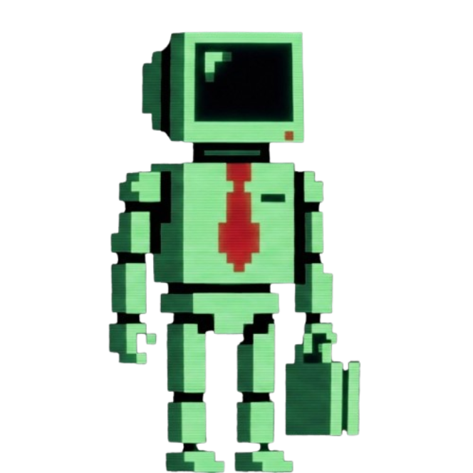 JobBot — pixel art robot with a computer monitor head, red tie, and briefcase